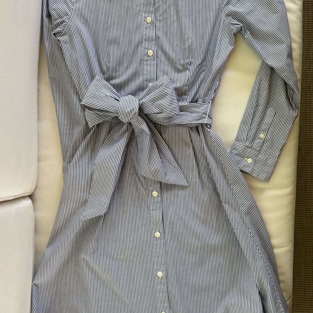 Striped Button-Front Shirt Dress with Waist Tie - Blue/White